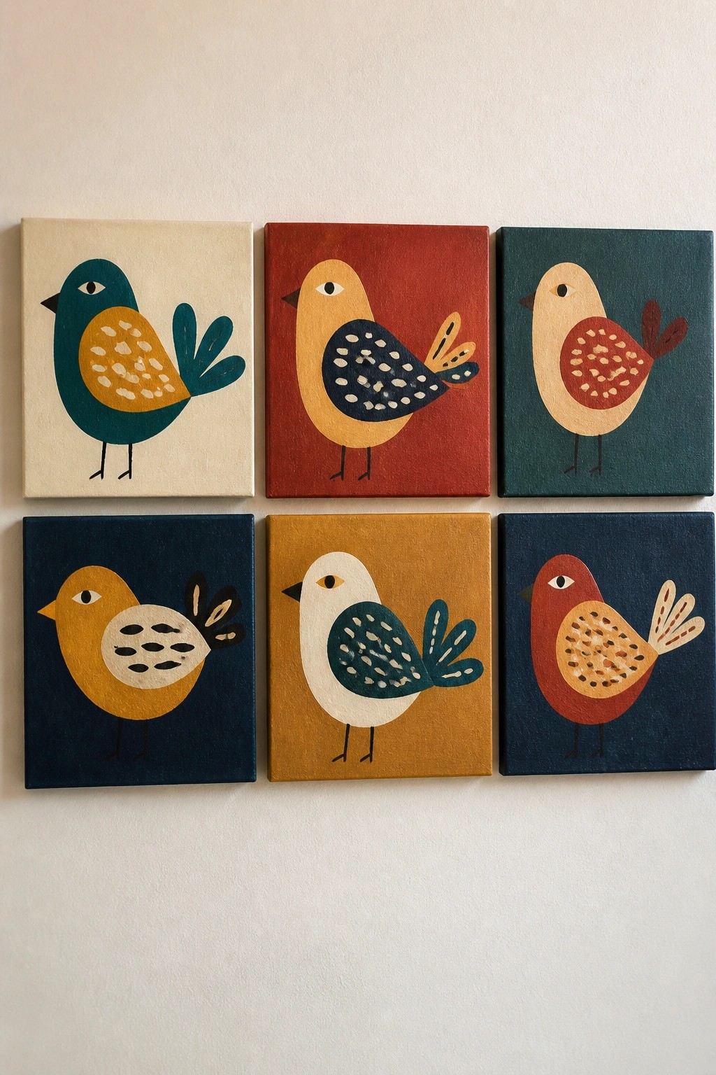 Six square canvases with colorful stylized birds in two rows on a wall.
