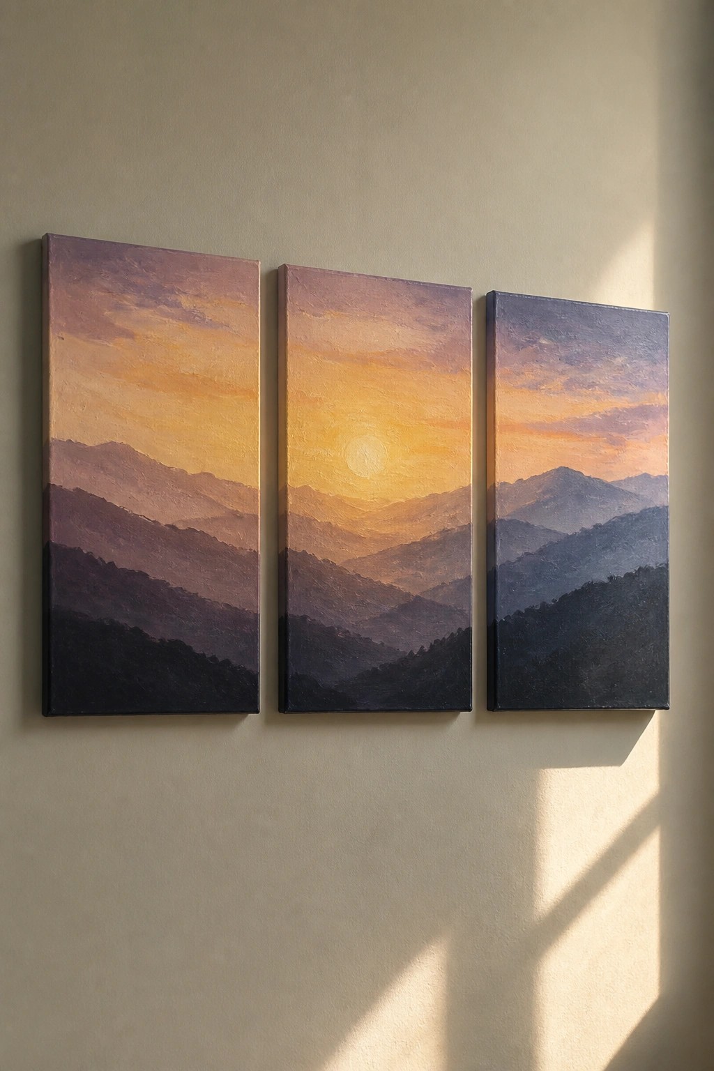 Three vertical canvases of layered mountains beneath a vibrant orange-purple sunset.