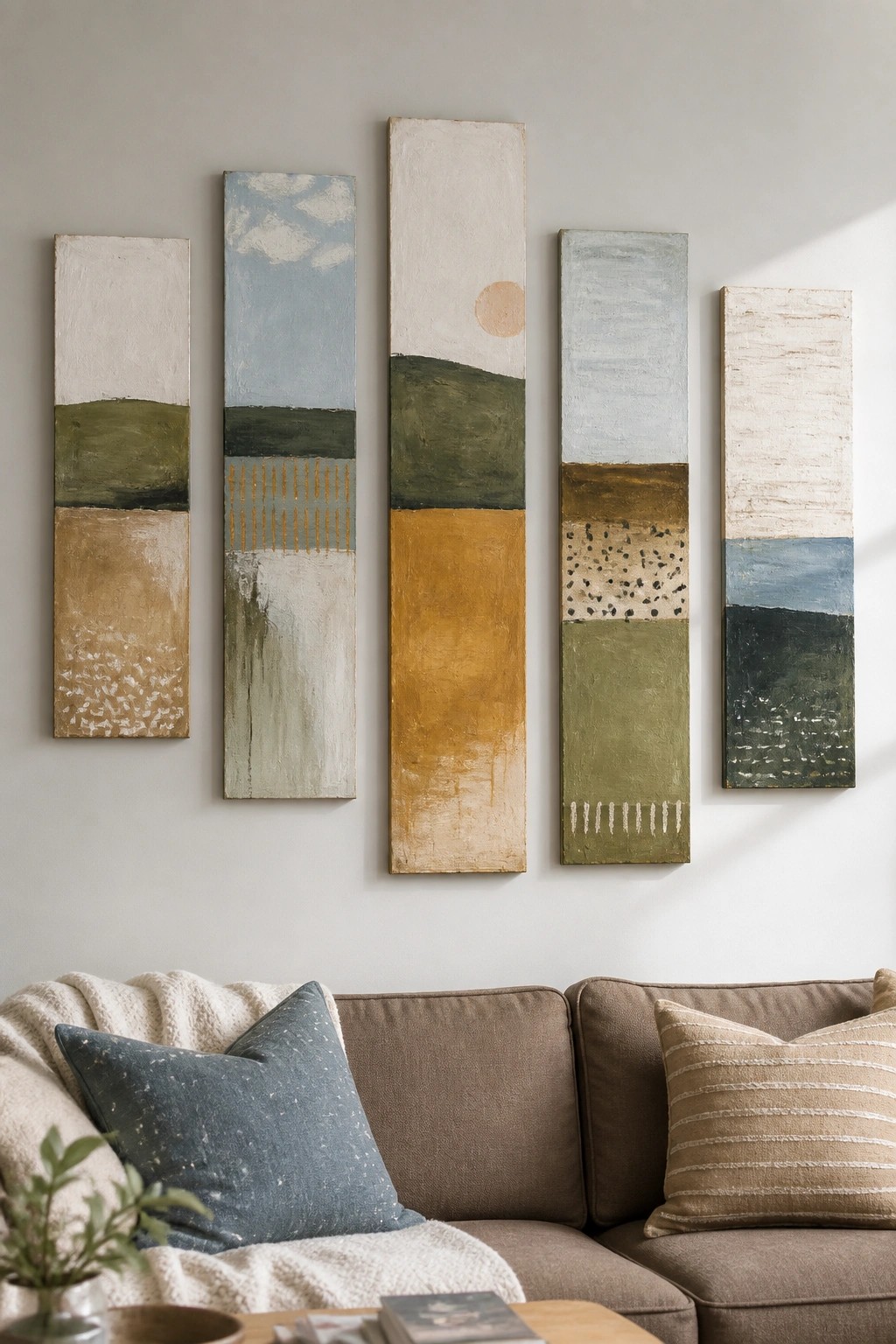Abstract paintings in earth tones above brown sofa with blue and striped pillows