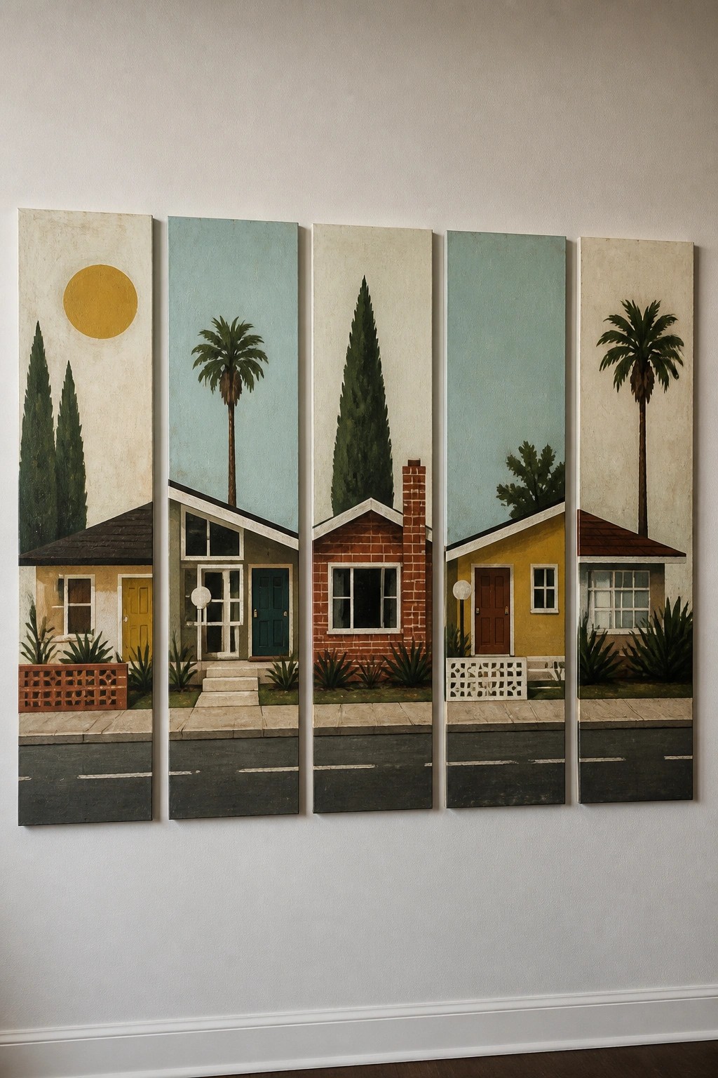 Five-panel artwork of colorful suburban houses with palm trees and cypress under varied skies.