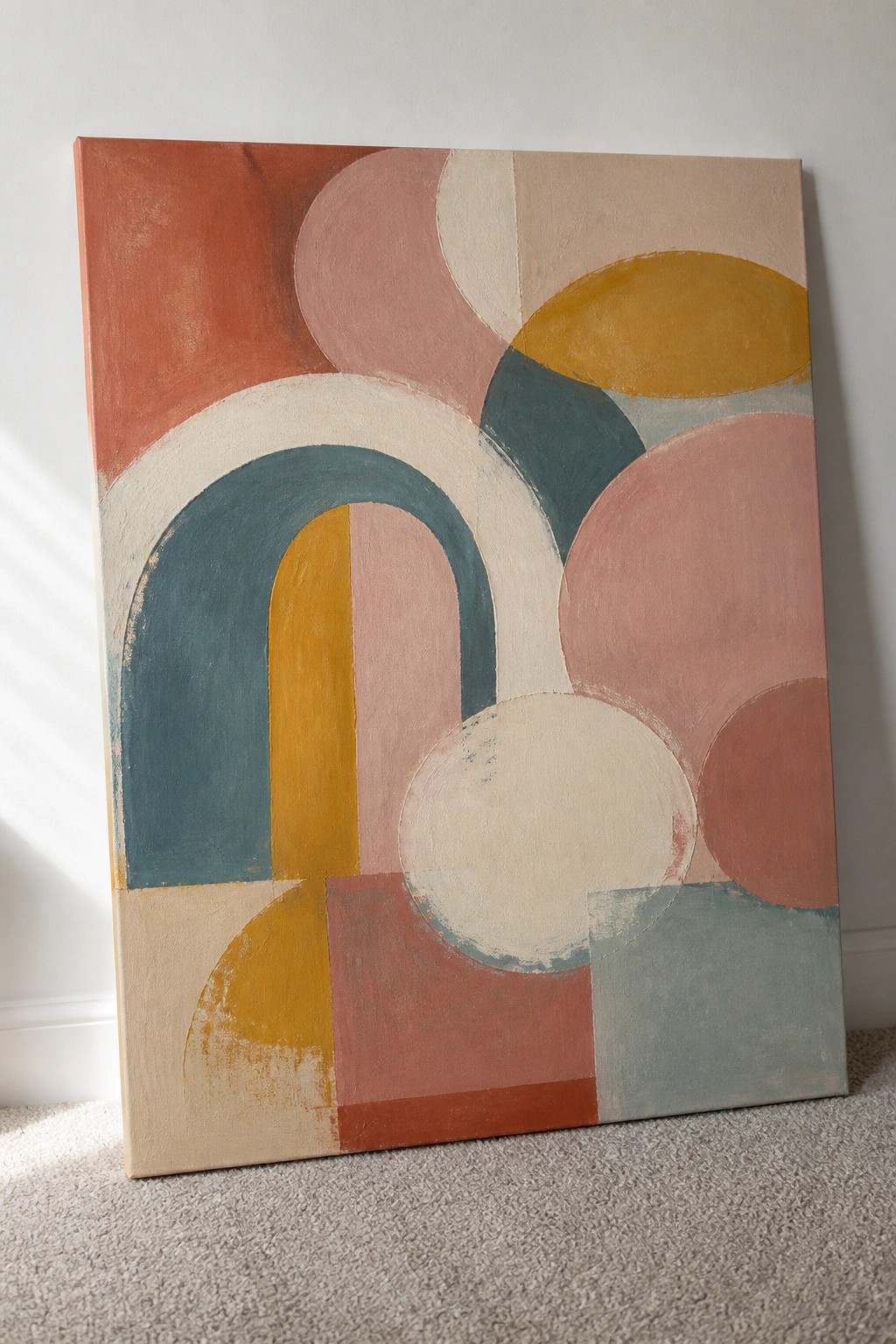 Abstract painting with colorful overlapping circles and arches leaning against wall on carpet