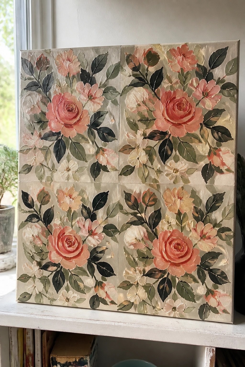 Four-panel painting of pink roses, white flowers, and green leaves on beige canvas