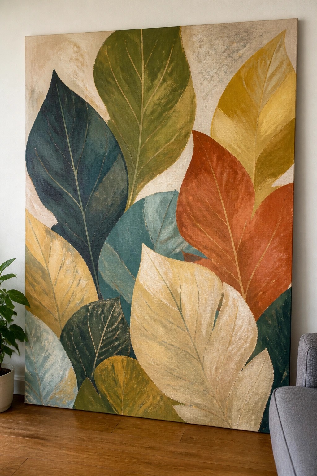 Large abstract painting of vibrant overlapping leaves in green, yellow, and orange.