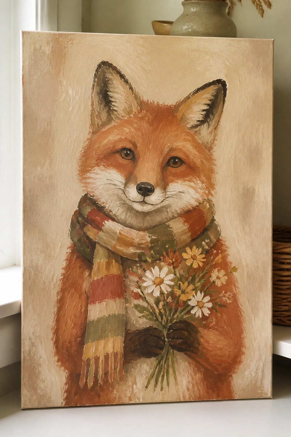 Painting of a fox in a striped scarf holding a wildflower bouquet