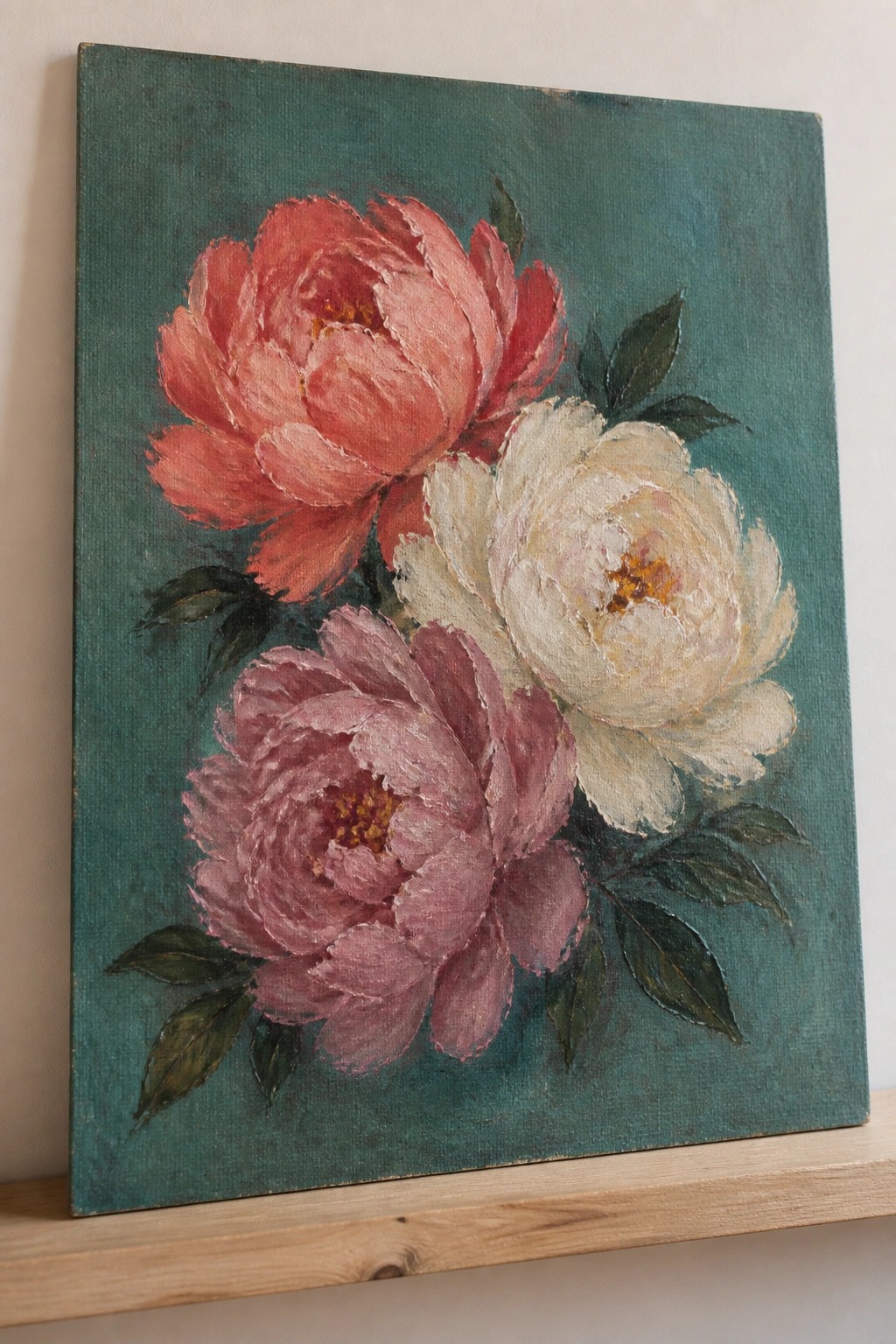 Textured oil painting of red, pink, and white peonies with green leaves on teal background