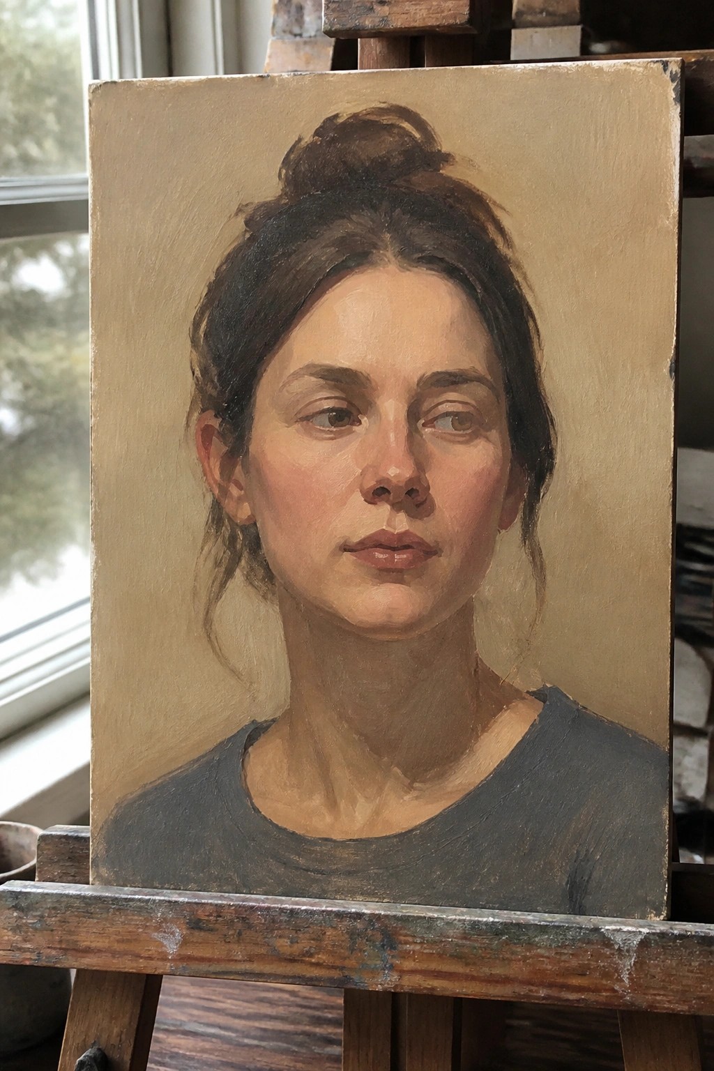 Oil painting portrait of a woman with dark hair in a bun on wooden easel