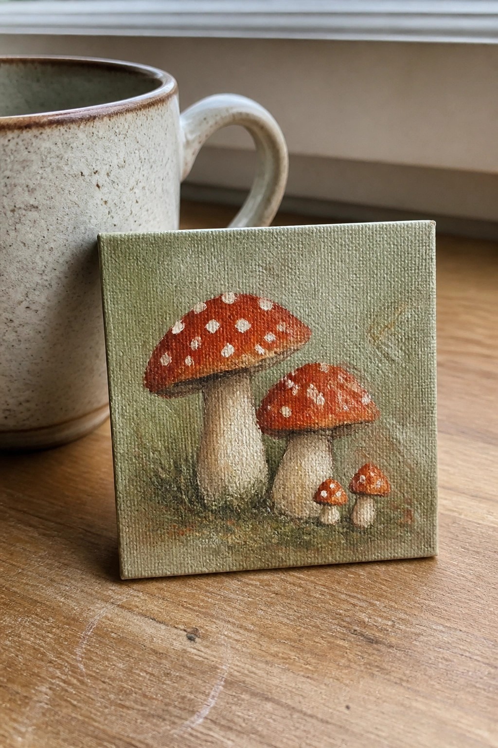 A small square oil painting of red mushrooms with white spots sits on a wooden table next to a ceramic mug.