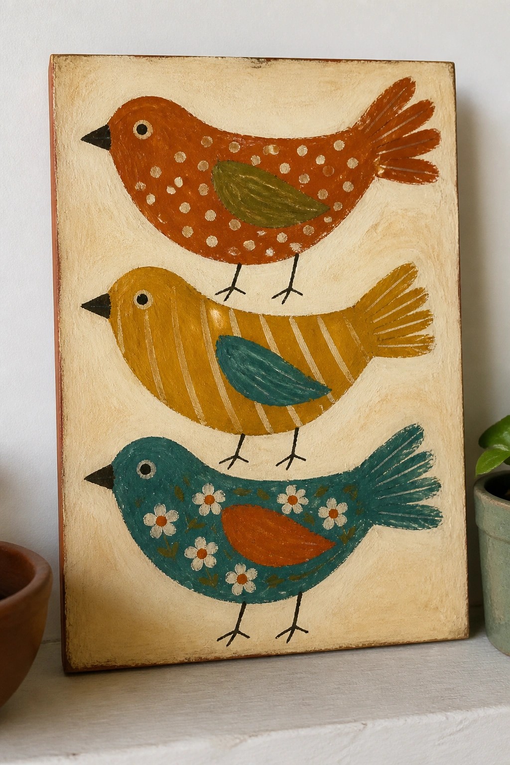 Three stacked folk-art birds in orange, yellow, and teal with patterns.