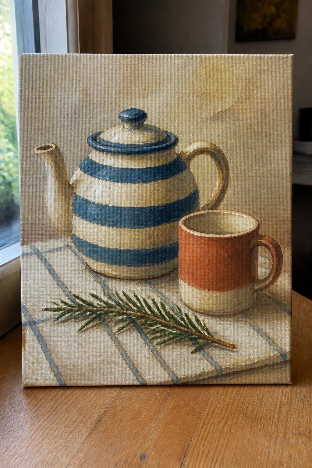 Blue and white striped teapot beside orange mug with pine sprig on checkered cloth.