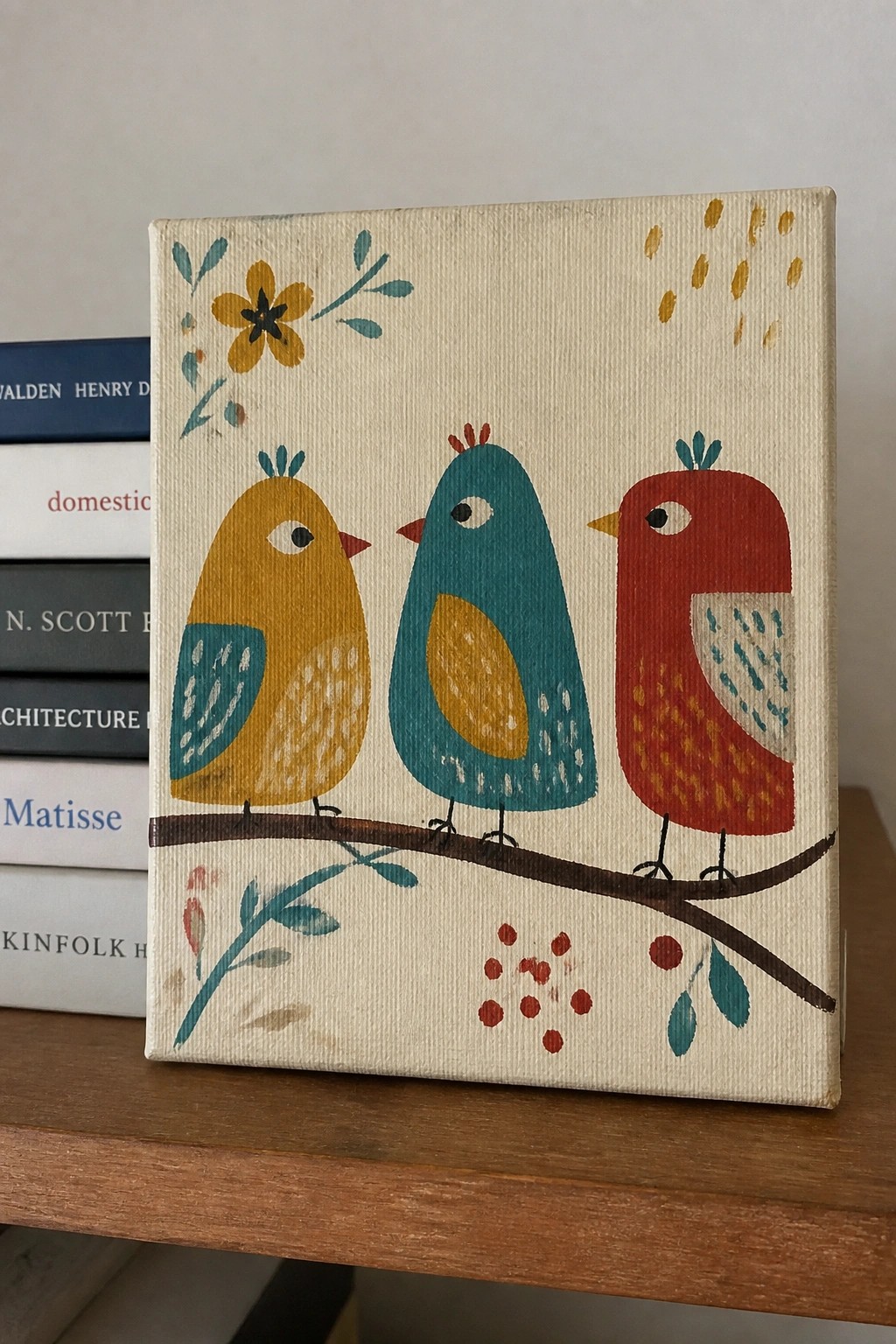 Three colorful birds on a branch with flowers and dot accents on canvas
