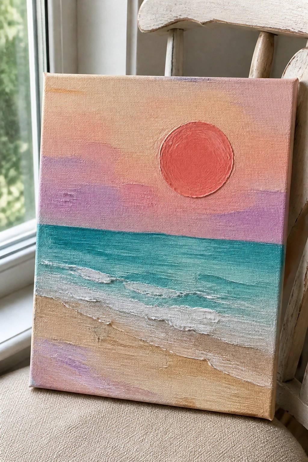 Mini canvas sunset painting with red sun, pink sky, teal waves, and sandy beach on chair