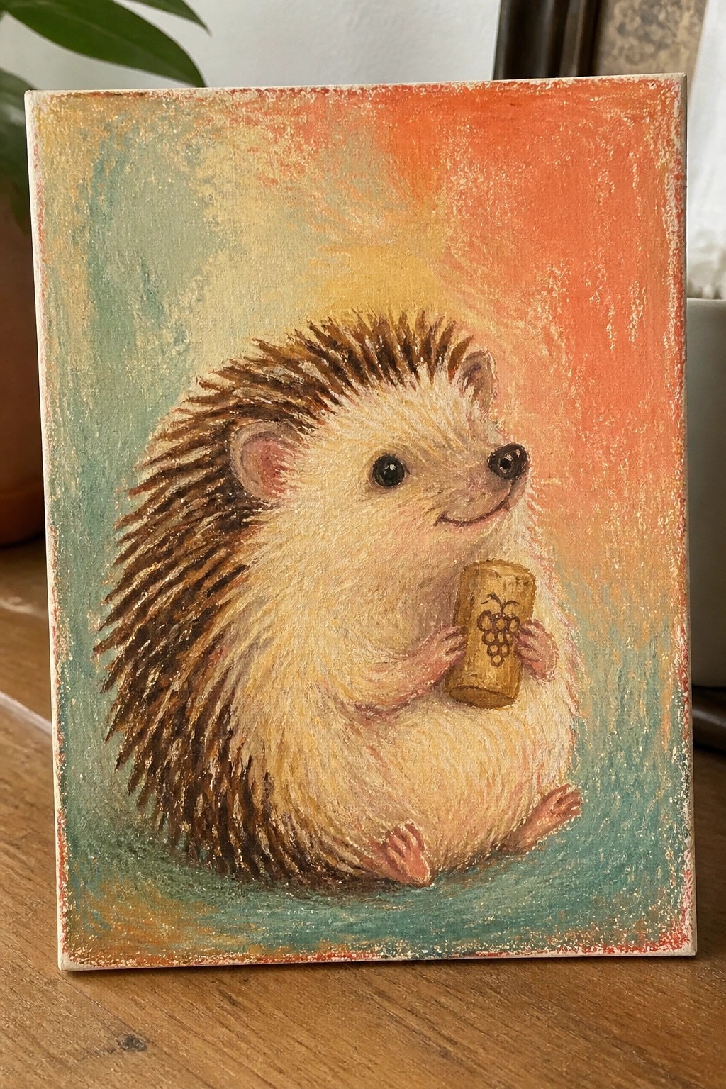Cute hedgehog clutching a grape barrel on a textured orange and teal canvas