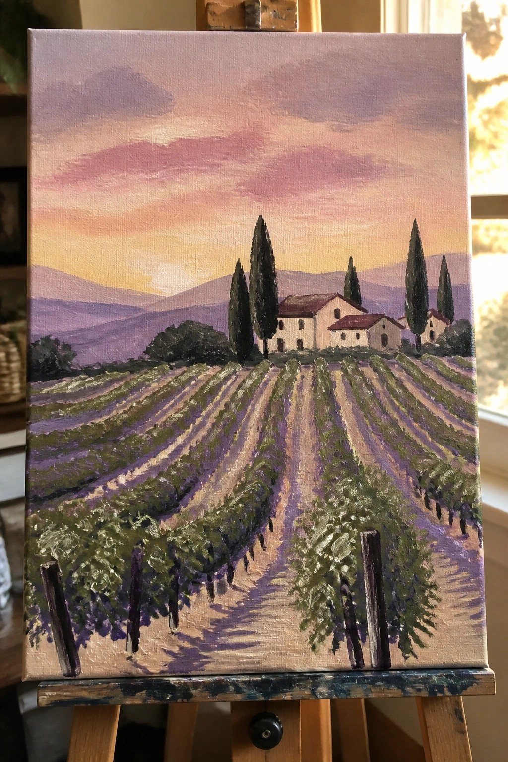 Painting on easel of lavender rows, houses, cypresses, and mountains under sunset sky