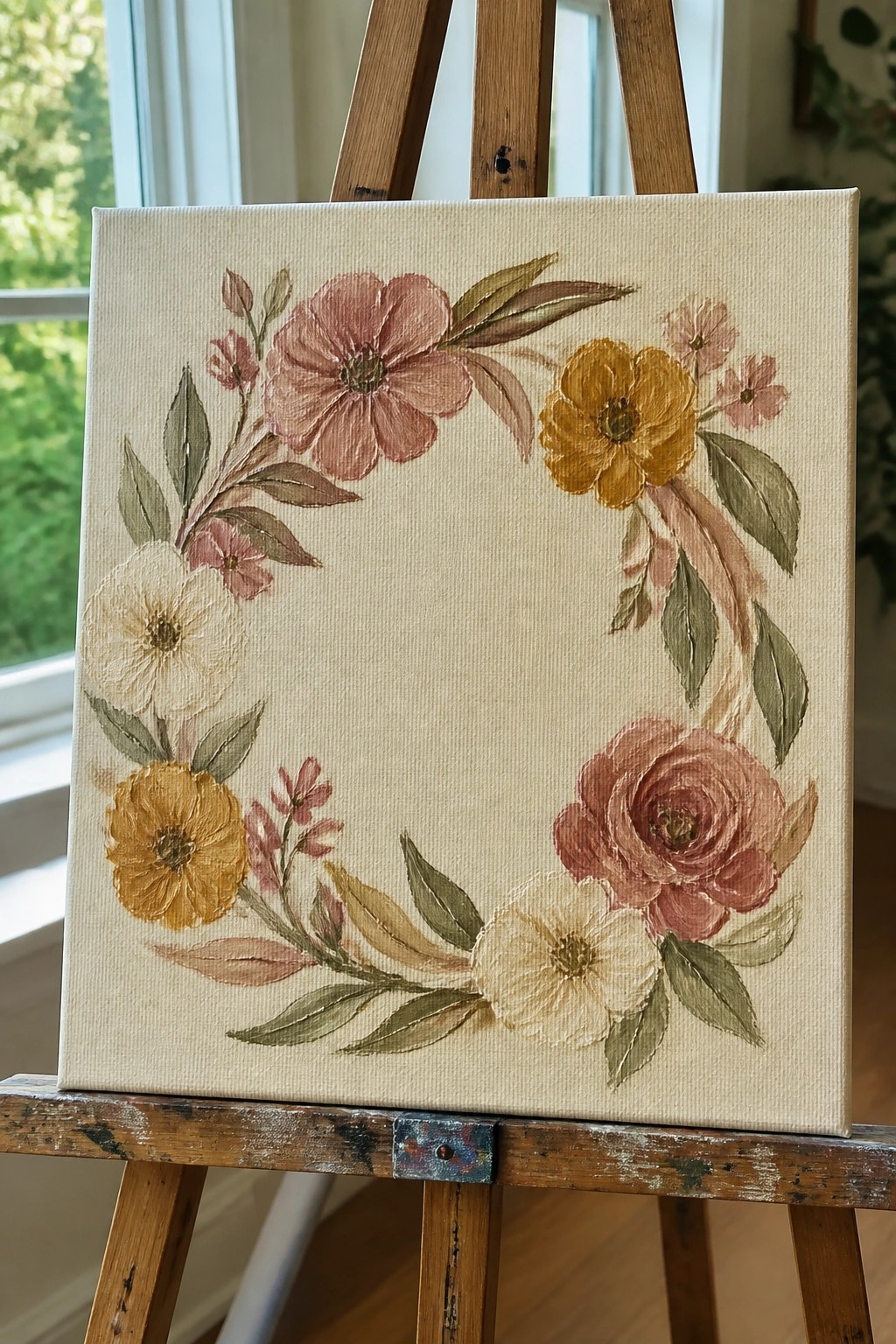 Floral wreath painting with pink, yellow, and white blooms on canvas easel.