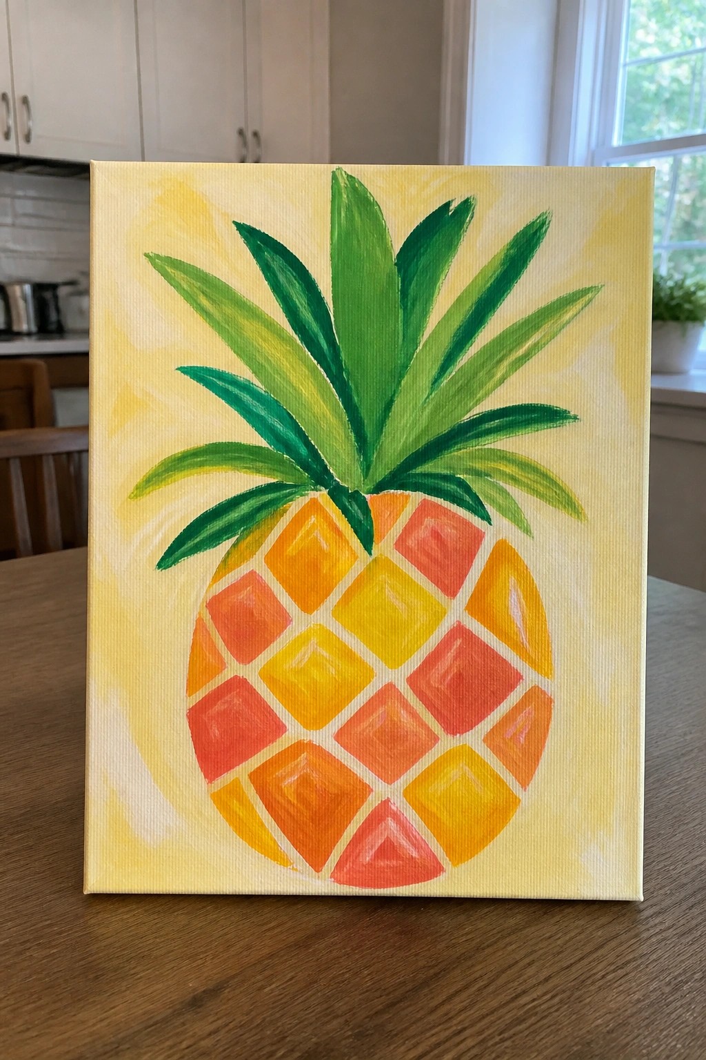 Colorful pineapple painting on yellow canvas with green leaves and geometric orange-yellow body