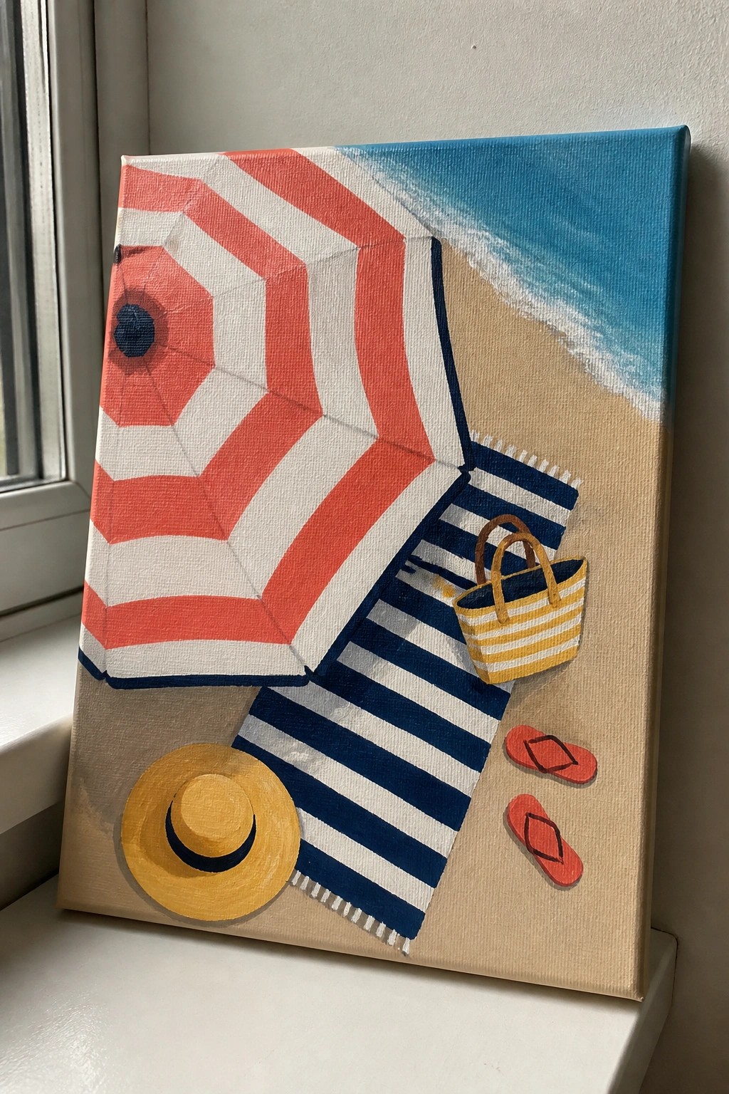 Beach painting with red striped umbrella, blue towel, yellow bag, hat and red flip-flops.