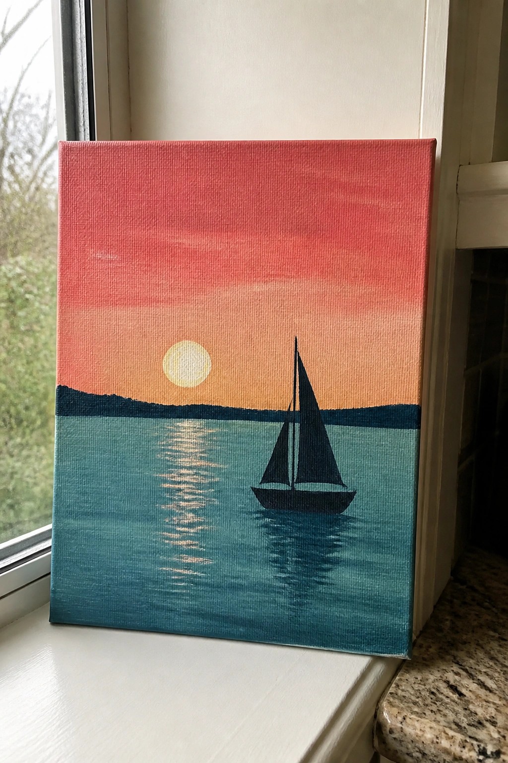 A canvas painting of a red-to-orange sunset over teal water with a black sailboat silhouette and sun reflection, resting on a windowsill.