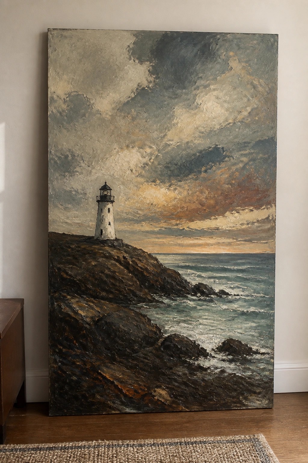 Oil painting of white lighthouse on rocky cliff by turbulent sea under dramatic clouds