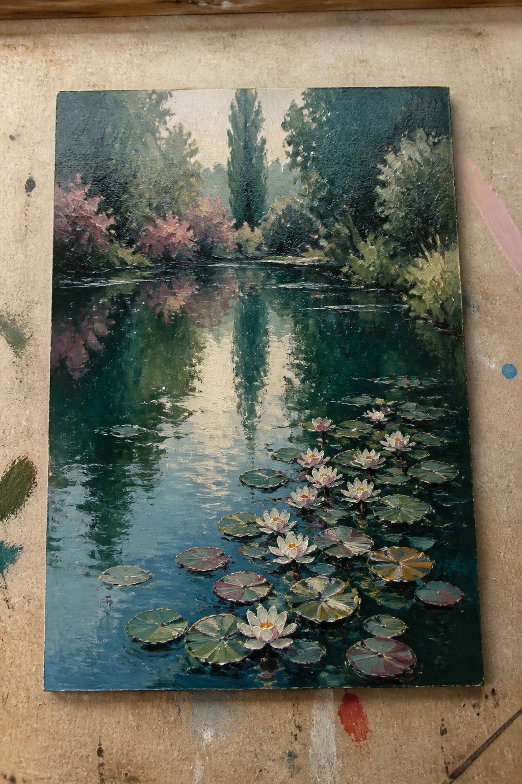 Oil painting of a serene pond with white water lilies, lily pads, and tree reflections.