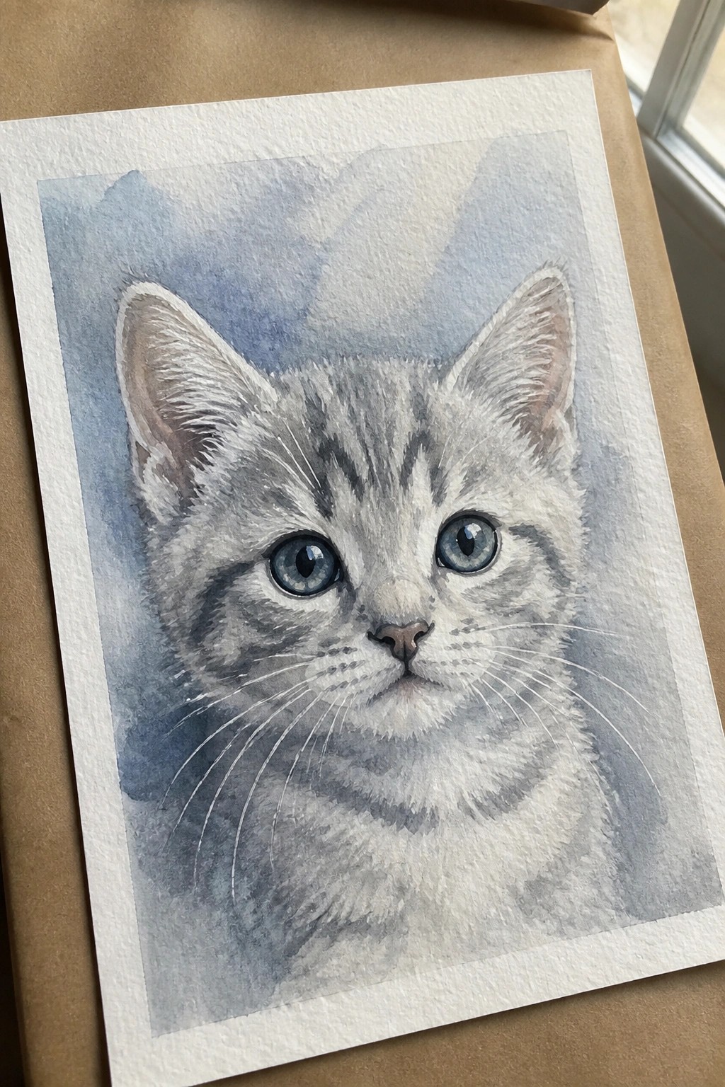 Watercolor painting of a gray tabby kitten with blue eyes on white paper