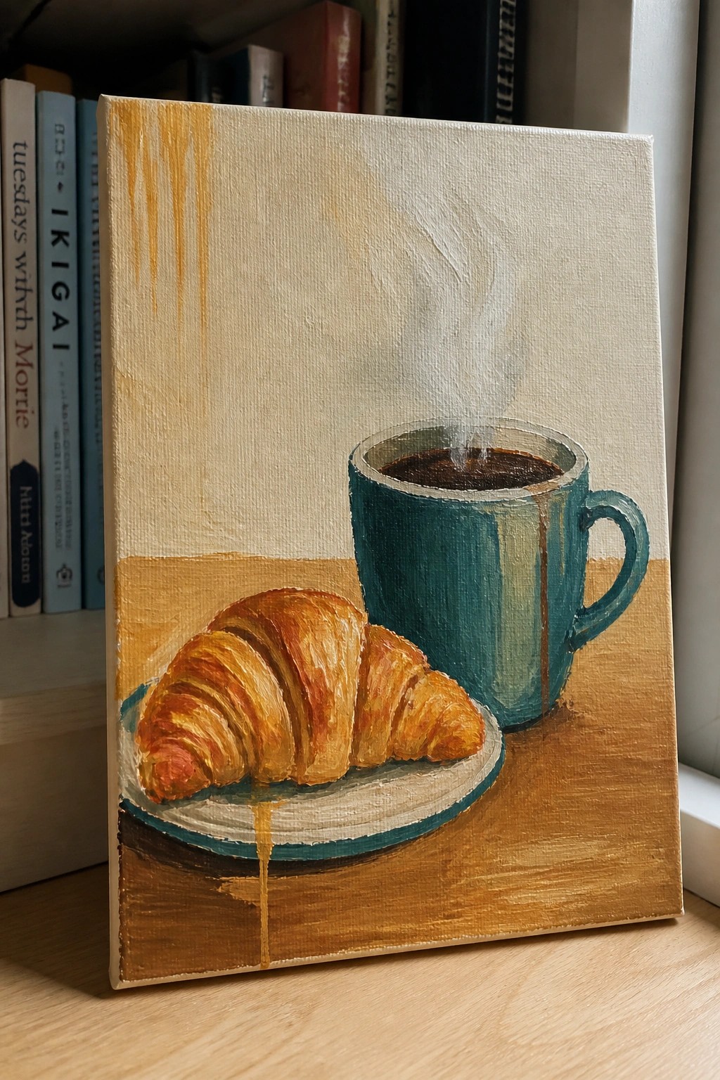 Still life painting of golden croissant beside steaming teal coffee mug on wood.