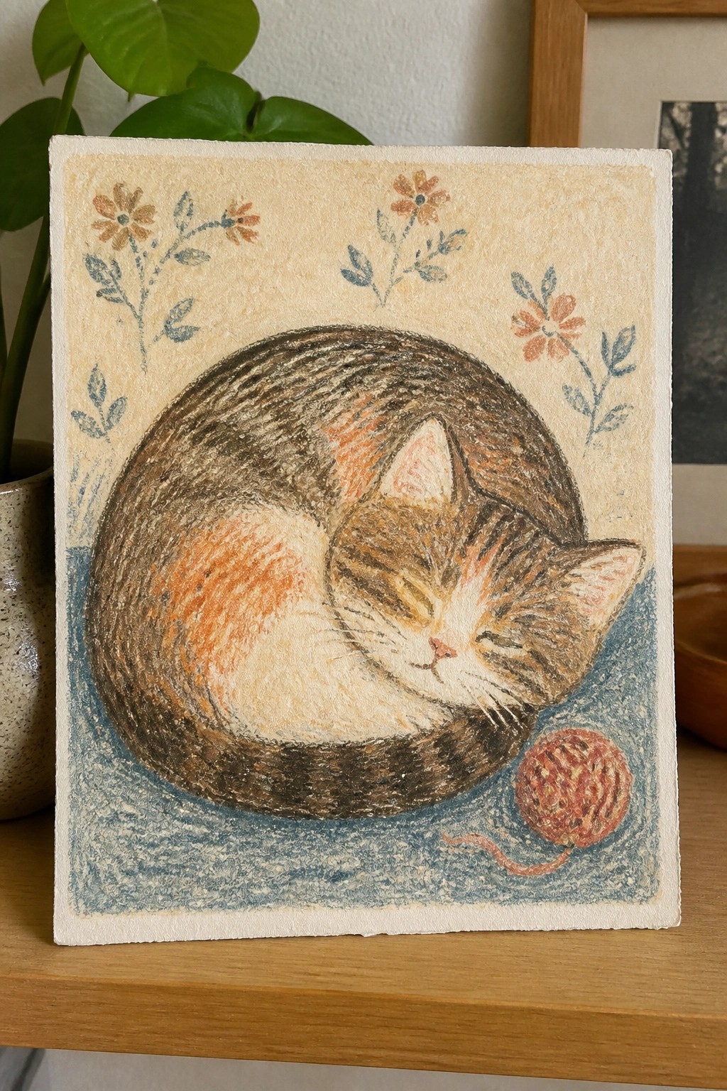Sleeping tabby cat curled beside red yarn ball amid colorful flowers on paper