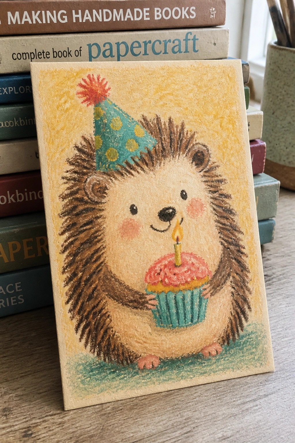 Cute hedgehog in polka-dot party hat holding lit cupcake on yellow background