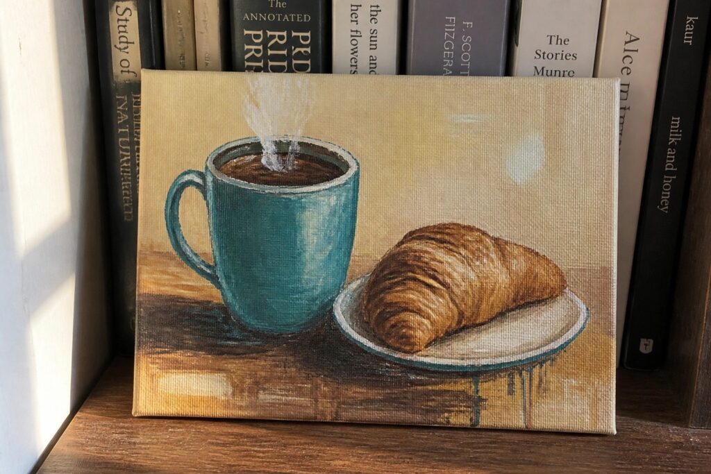 22 Simple Small Canvas Painting Ideas for Desks, Shelves, and Tiny Walls Still life painting of golden croissant beside steaming teal coffee mug on wood.