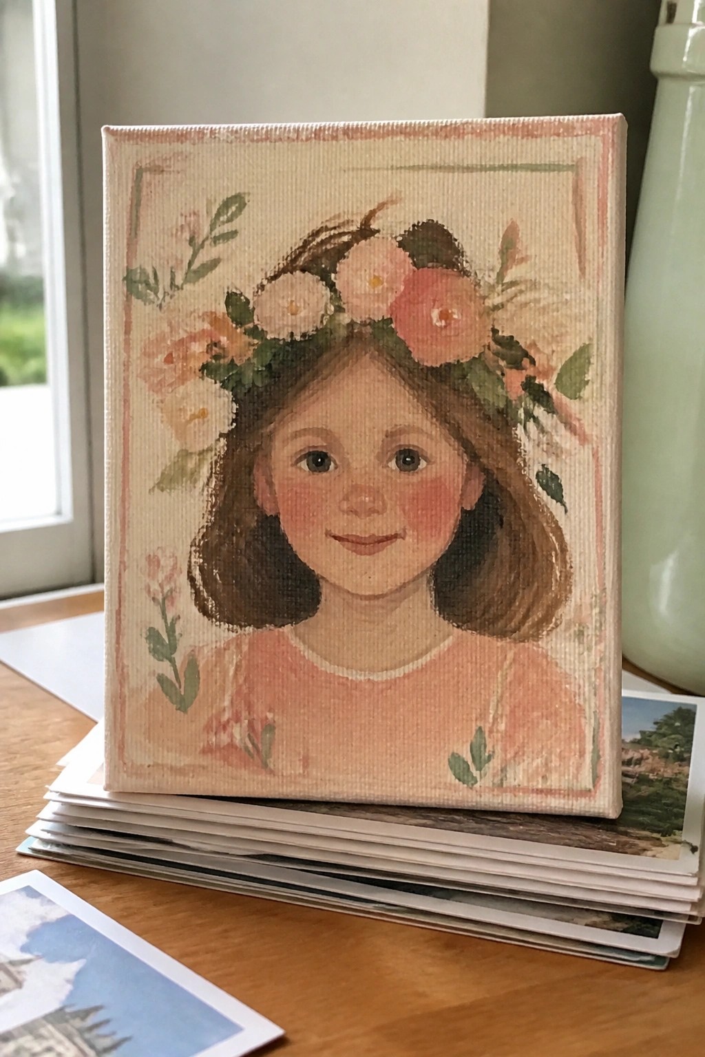 Painted canvas of smiling girl with floral crown atop stack of papers