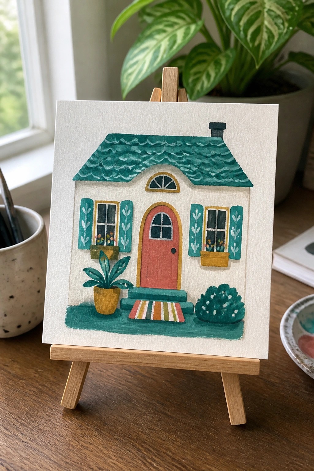 Watercolor painting of whimsical house with teal roof, red door, and potted plants on easel