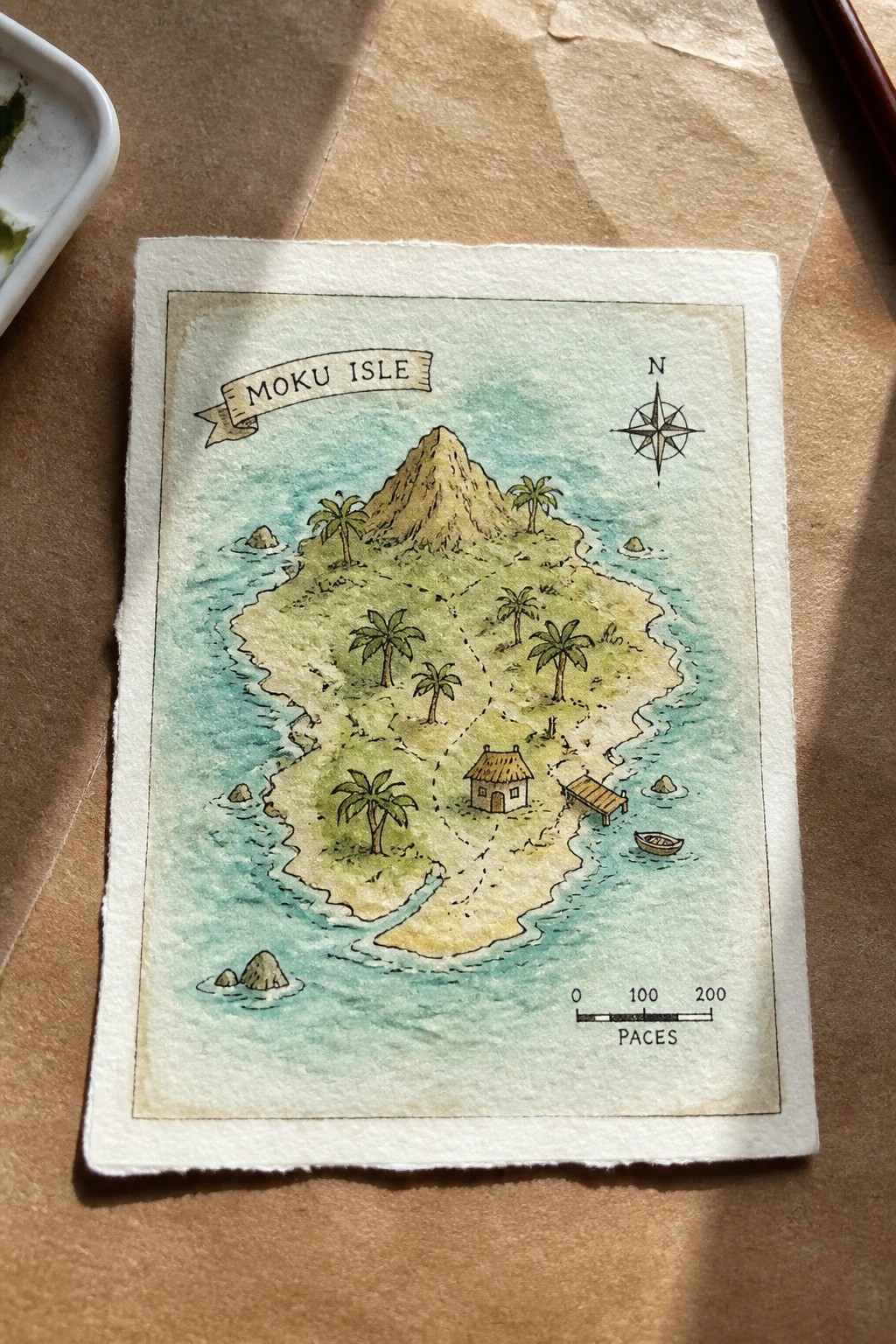 Hand-drawn watercolor map of Moku Isle with mountain, palms, hut, dock, boat, and compass rose.