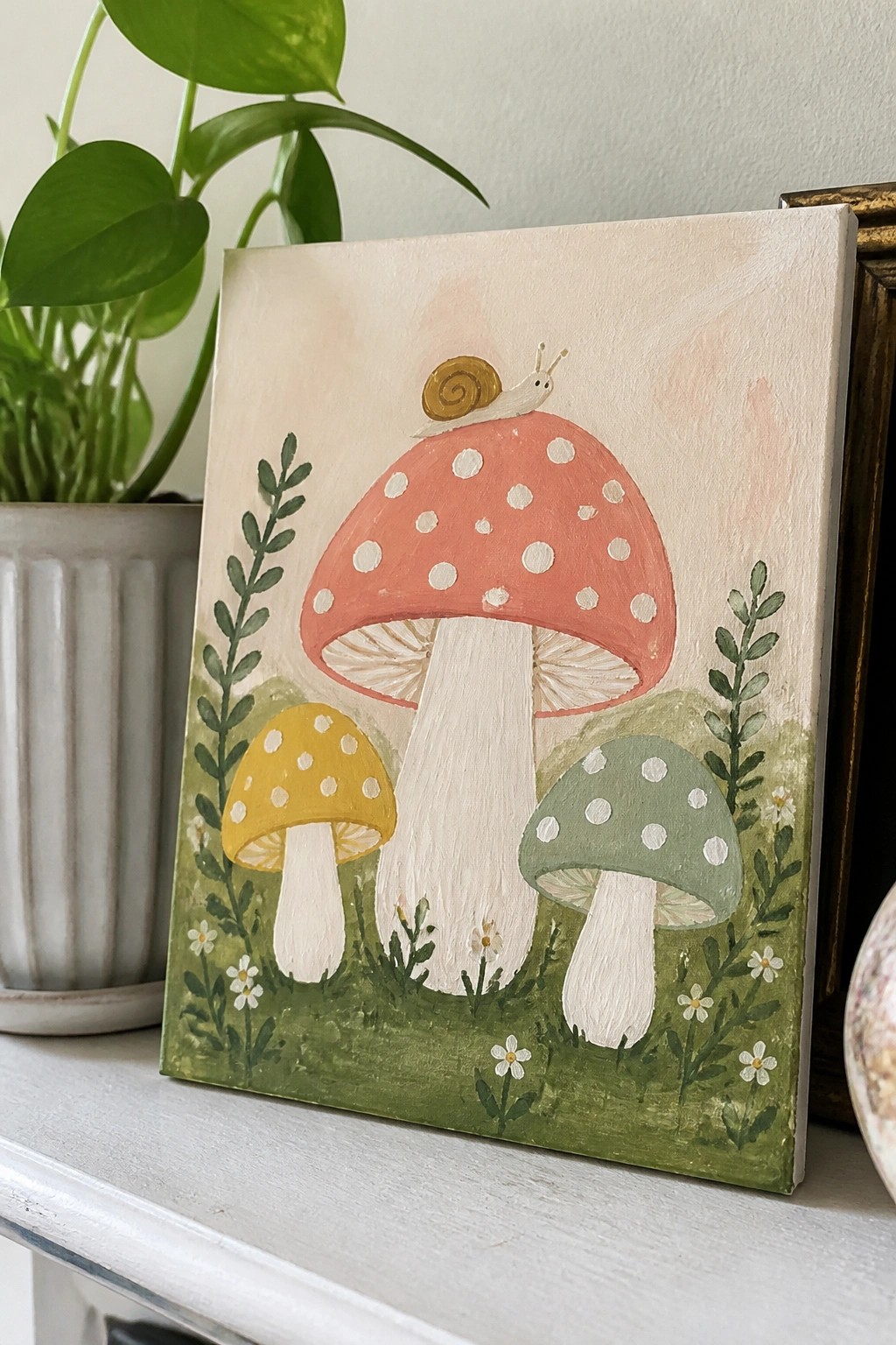 Painted canvas of red, yellow, and green mushrooms with a snail on the largest.