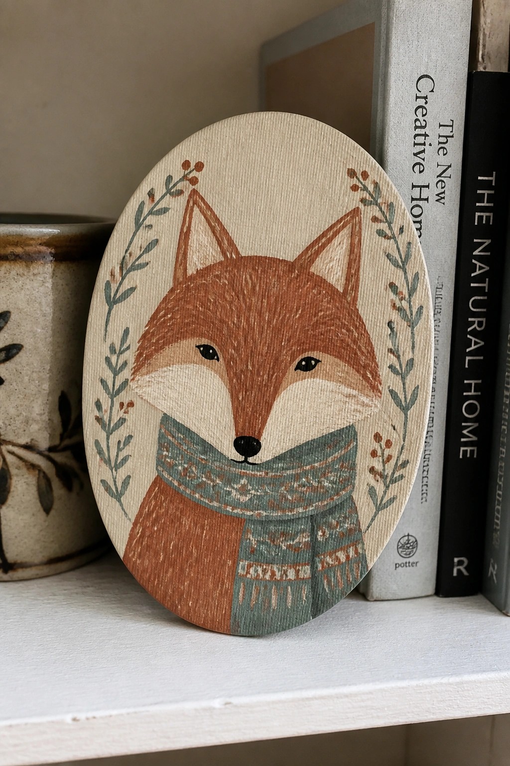 Oval wooden plaque of fox in patterned teal scarf with berry branches on shelf