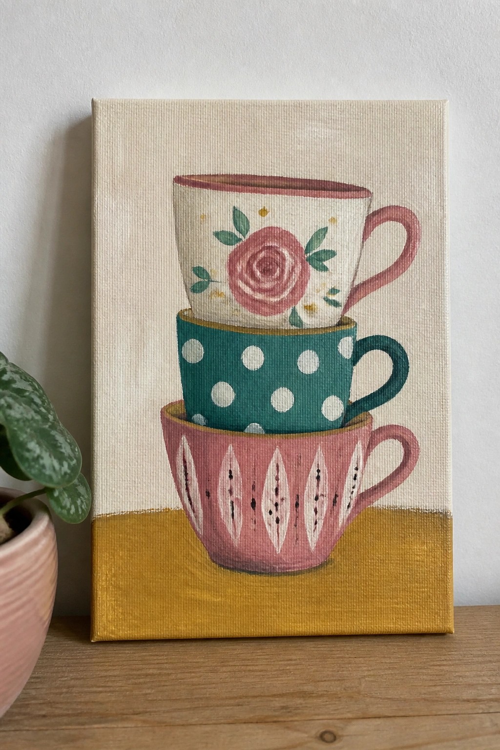 Stacked pink, teal, and cream teacups with rose and polka dot patterns on yellow.