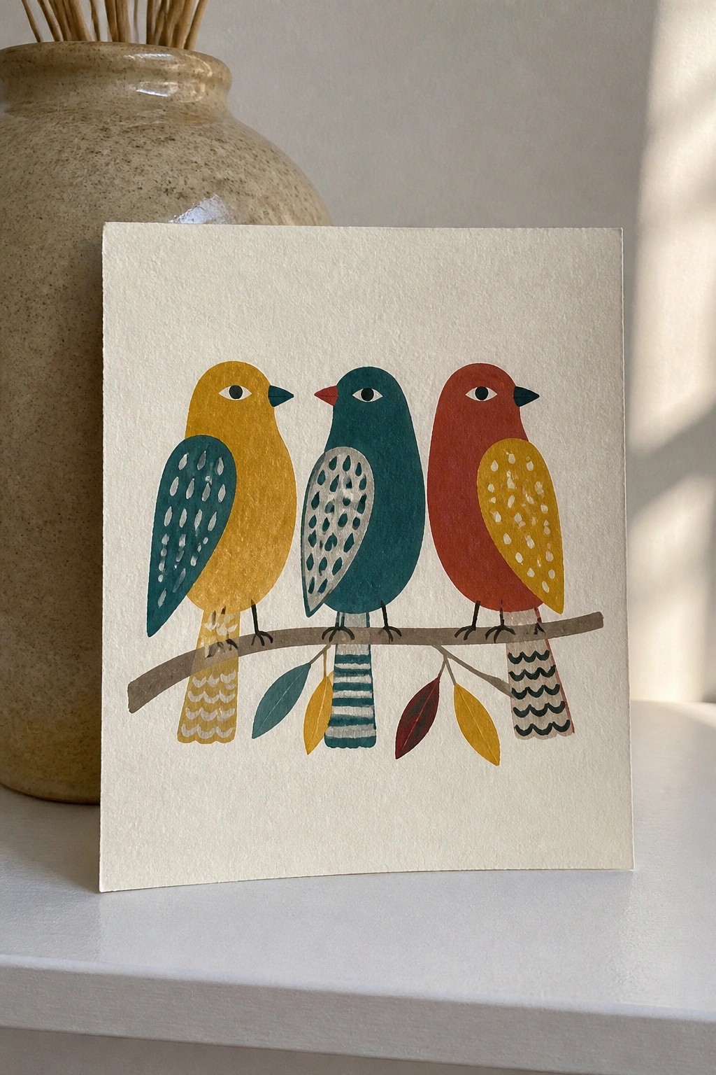 Three colorful stylized birds perched on a leafy branch on a greeting card