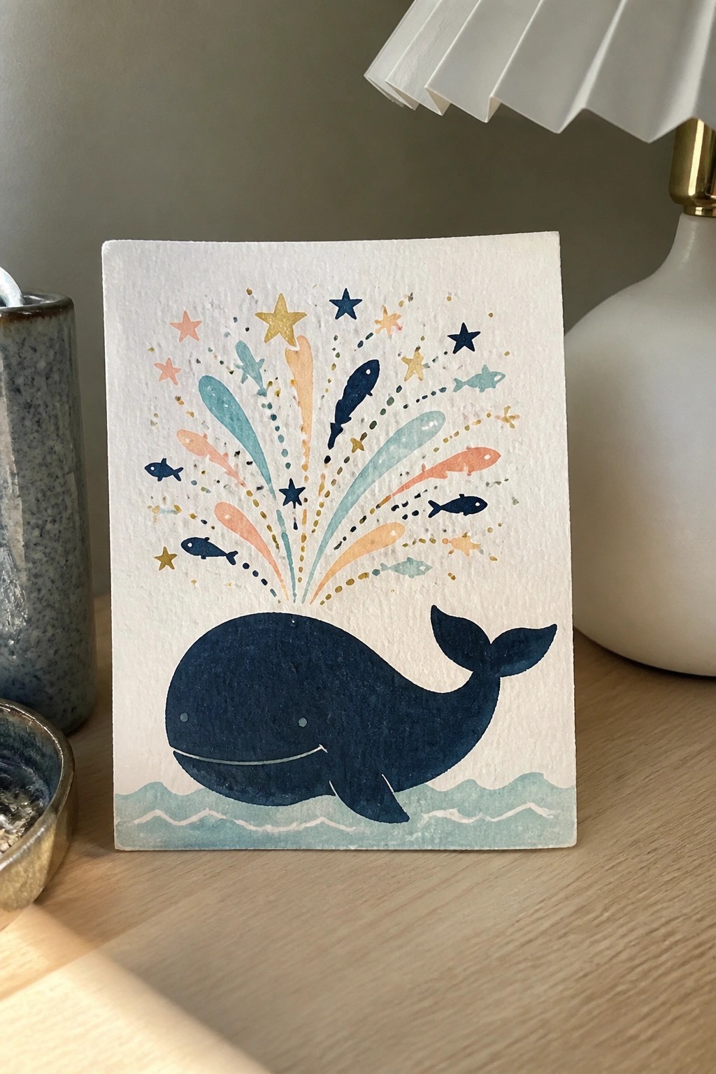 Watercolor card of a blue whale with colorful fish and stars bursting above waves