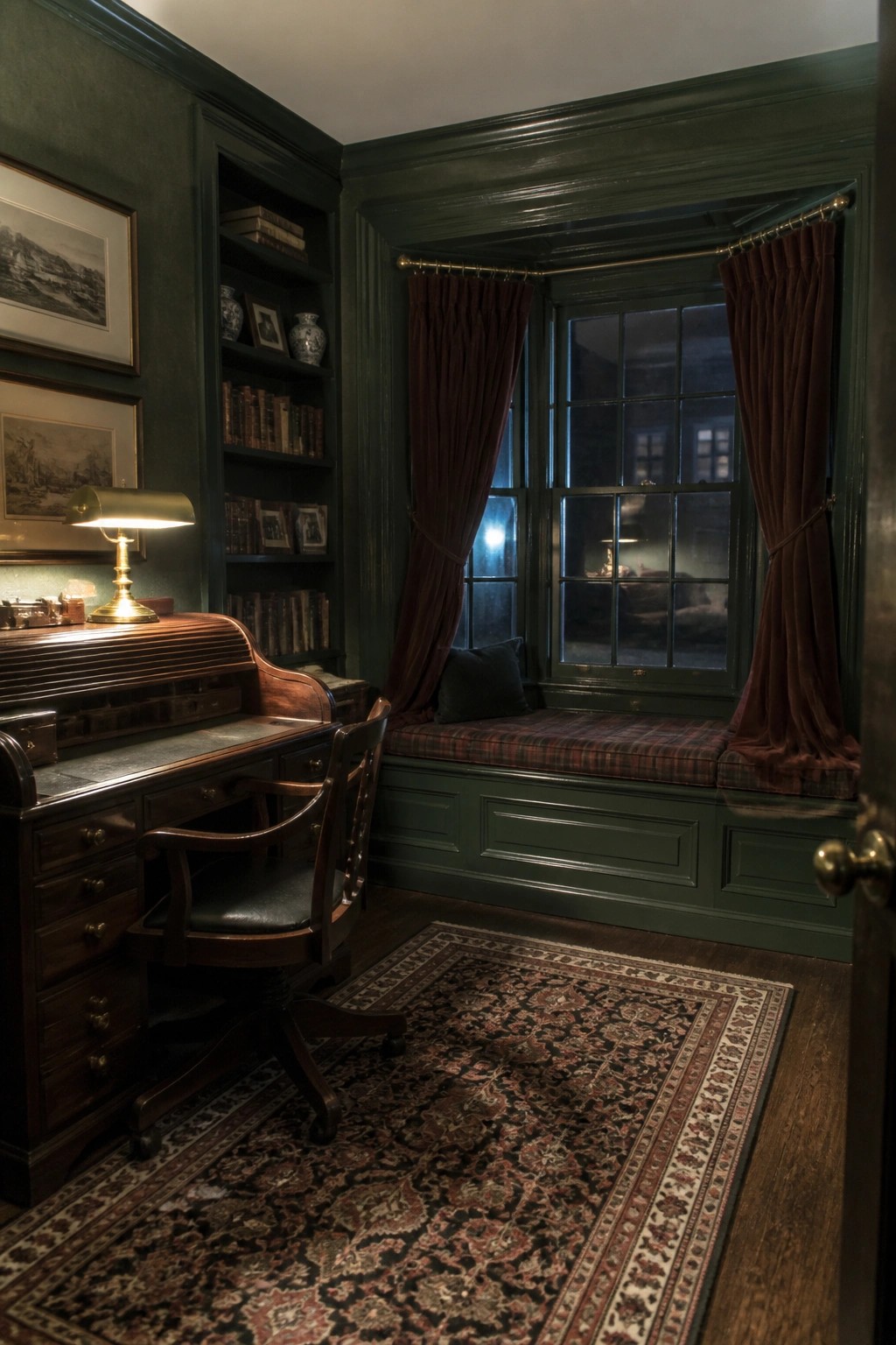 Deep pine green walls and built-in shelves in a traditional home office with a window seat.