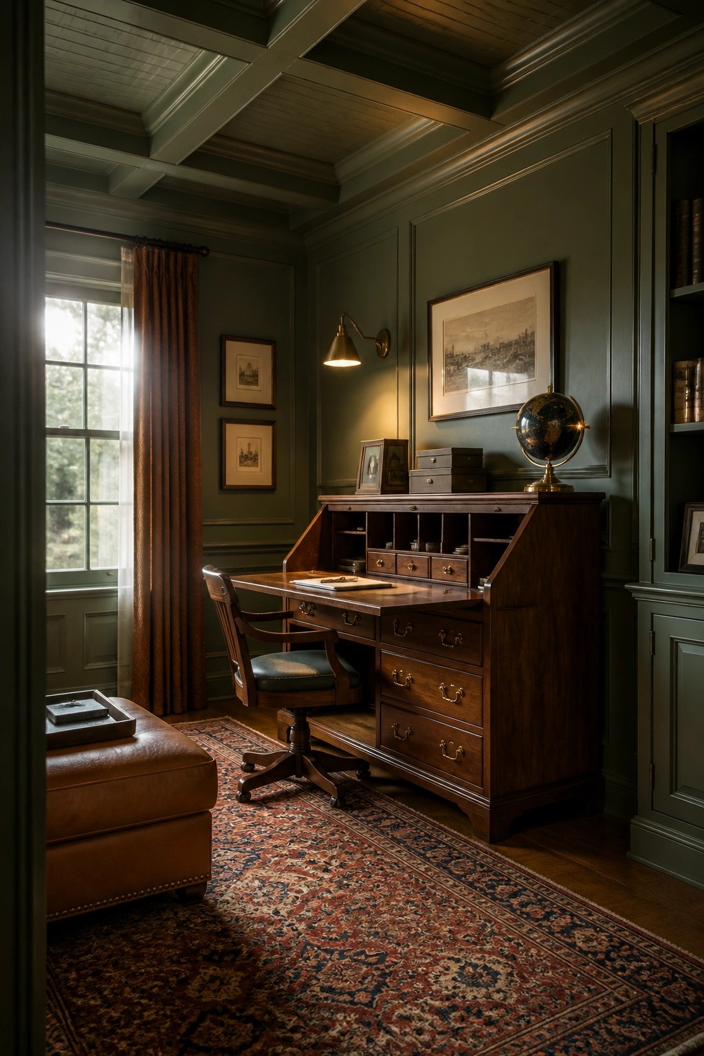 Dark green study with wooden desk, globe, swivel chair, and ornate rug by window.