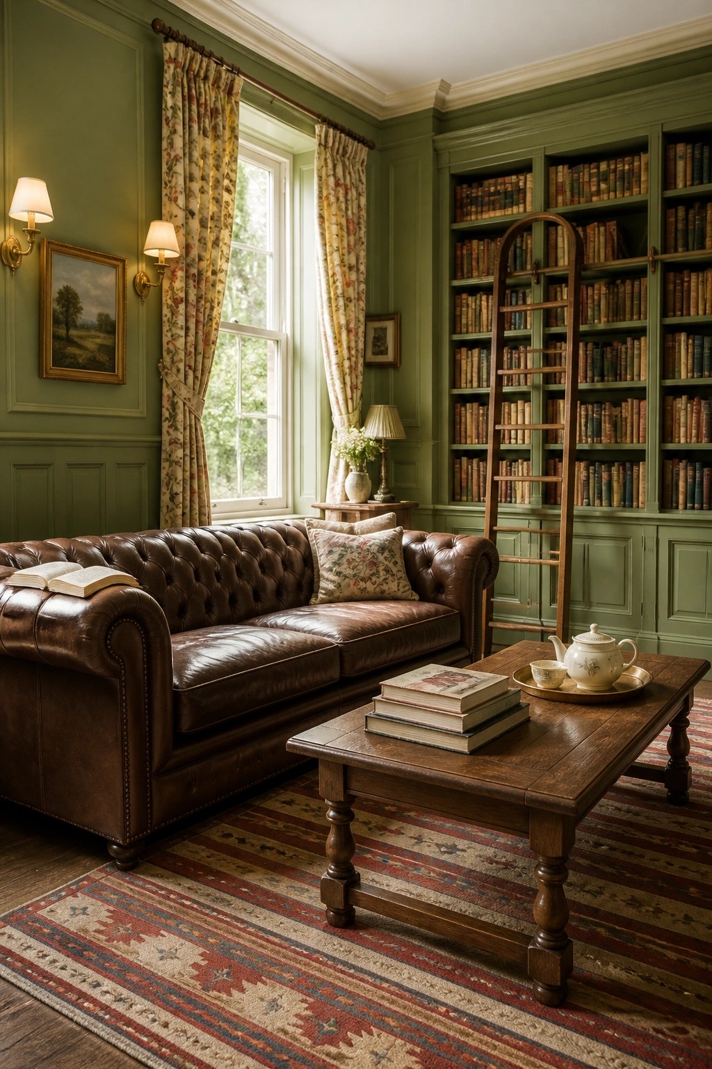 Green library with brown leather sofa, wooden table, and rolling ladder on bookshelf.