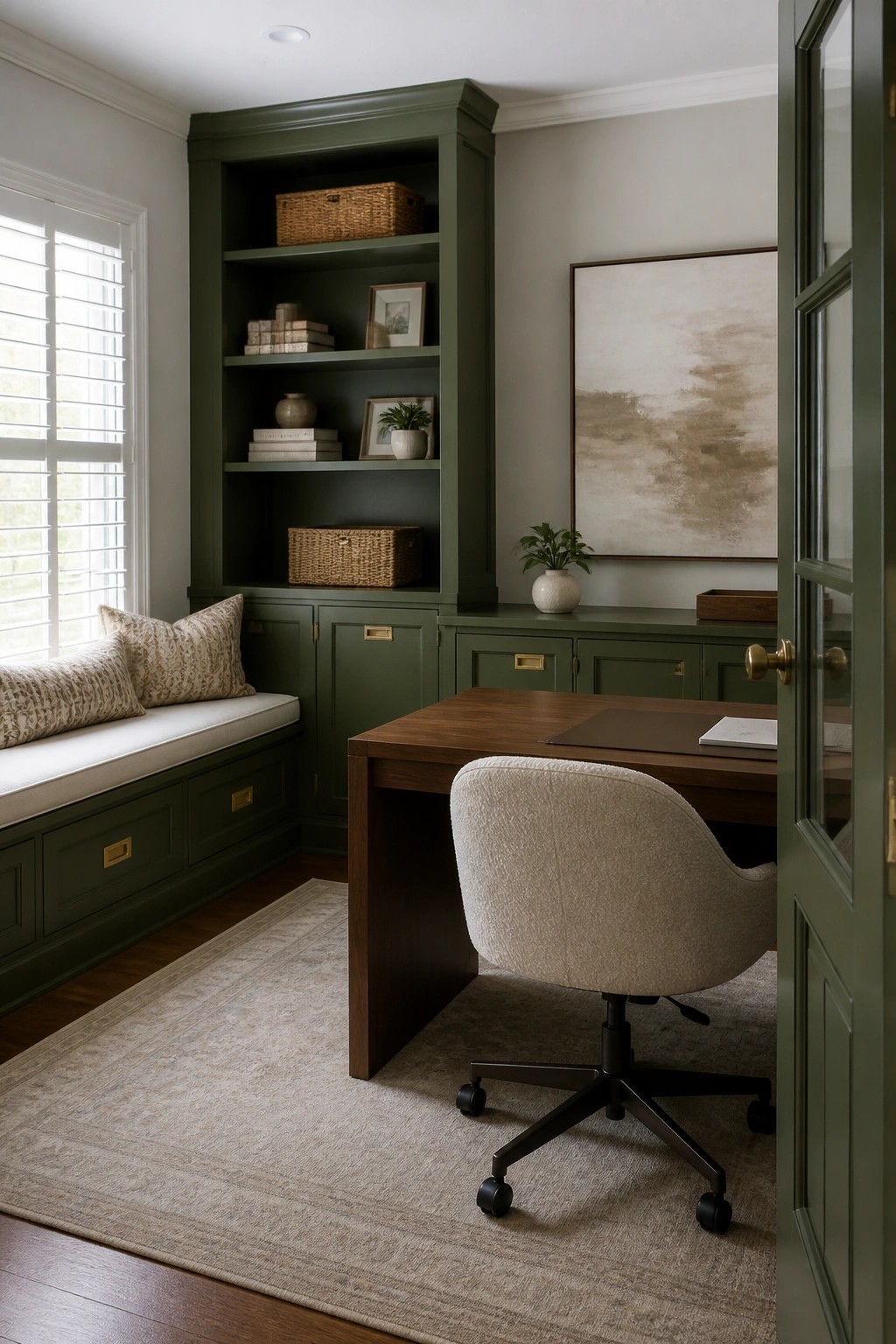 Deep pine green built-in shelving and cabinetry in a home office with a wooden desk.