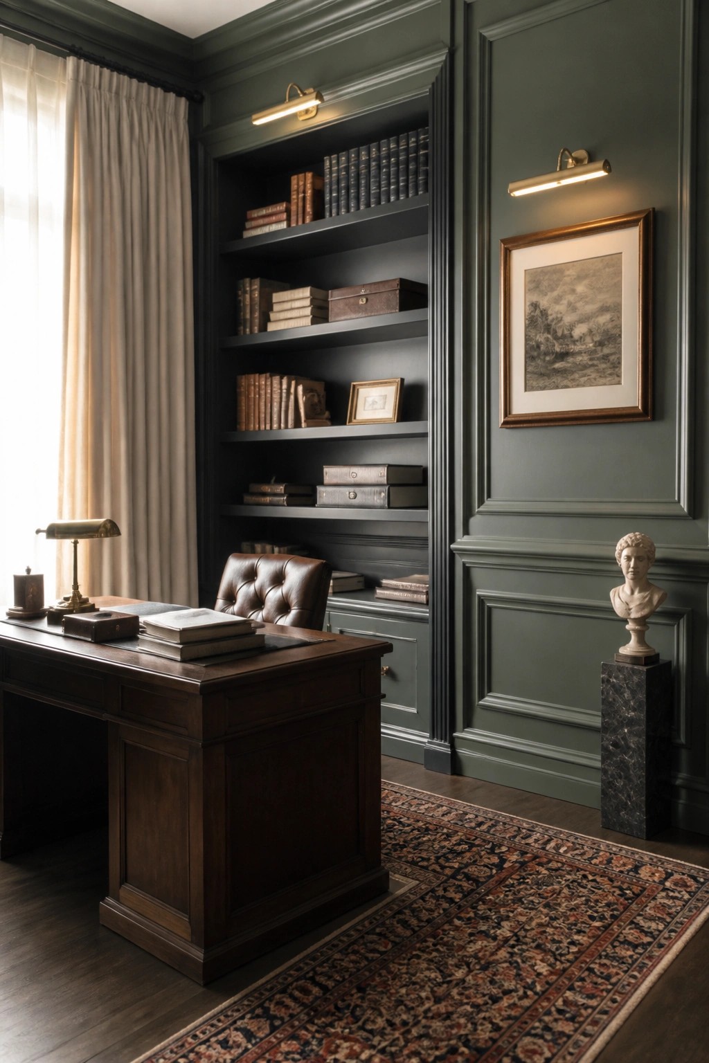 Dark green study with wooden desk, leather chair, bookshelves, rug, and marble bust.