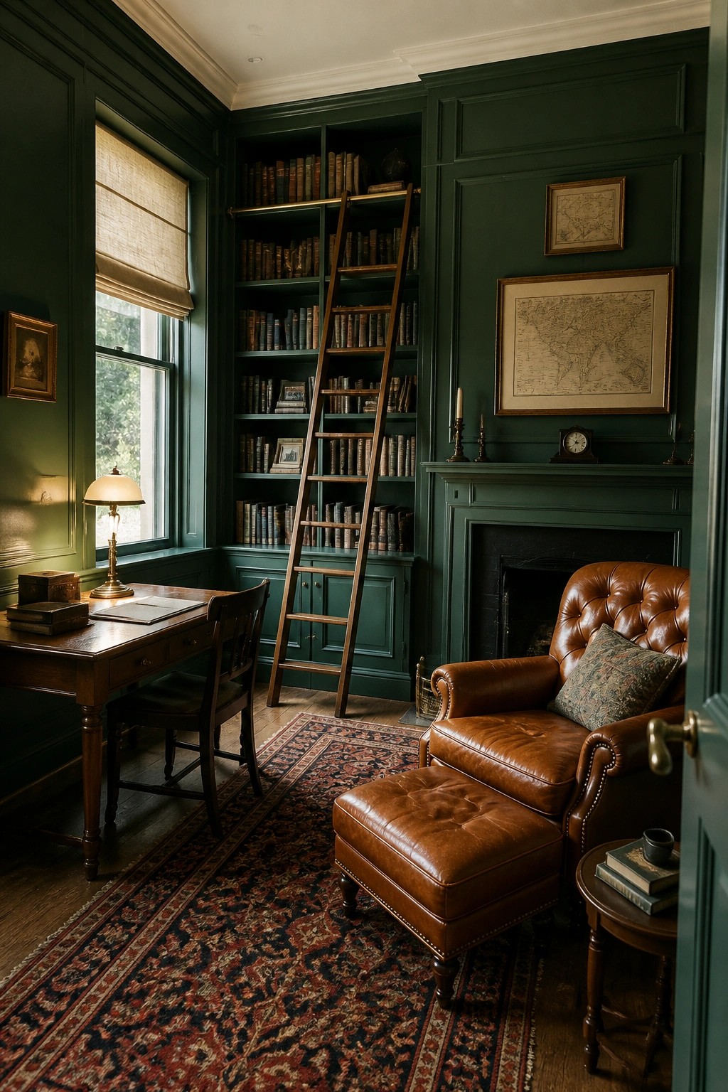 Cozy green-paneled library with rolling ladder, leather armchair, fireplace, desk, and Persian rug.