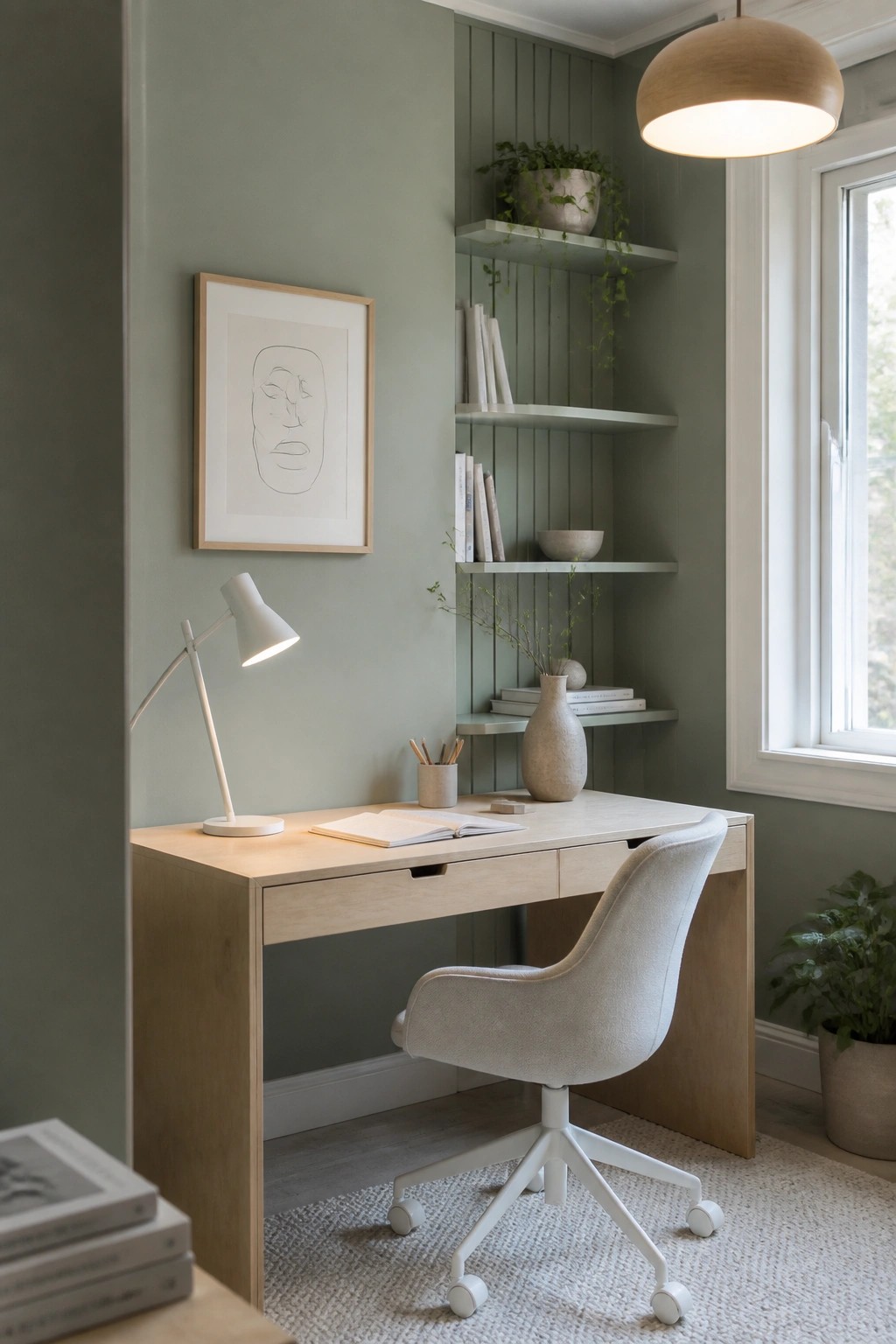 Minimalist wooden desk with gray swivel chair in sage green home office alcove