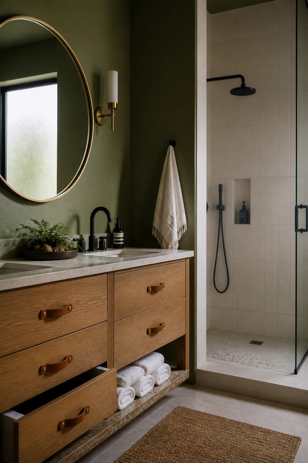 A bathroom with deep green walls and white tiled shower.