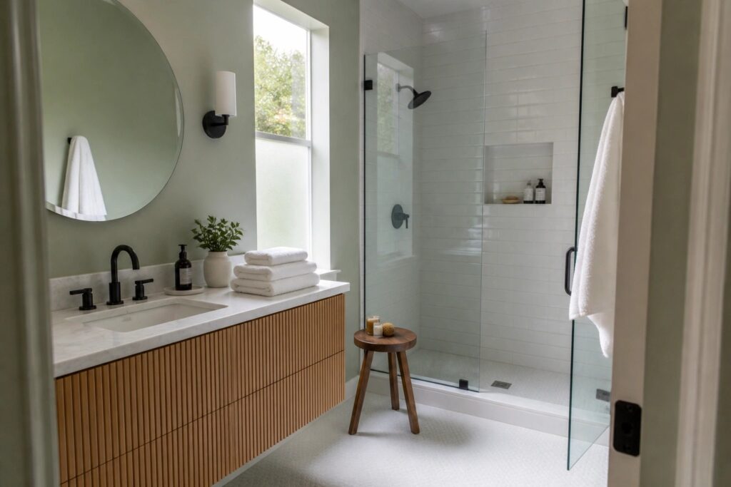 A bathroom featuring soft sage green walls paired with white tiled shower and wood vanity.