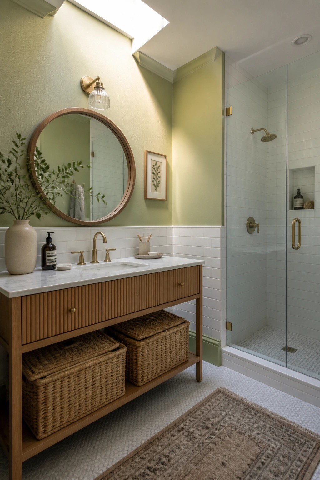 Light green walls painted above white subway tile in a bathroom with a wood vanity.