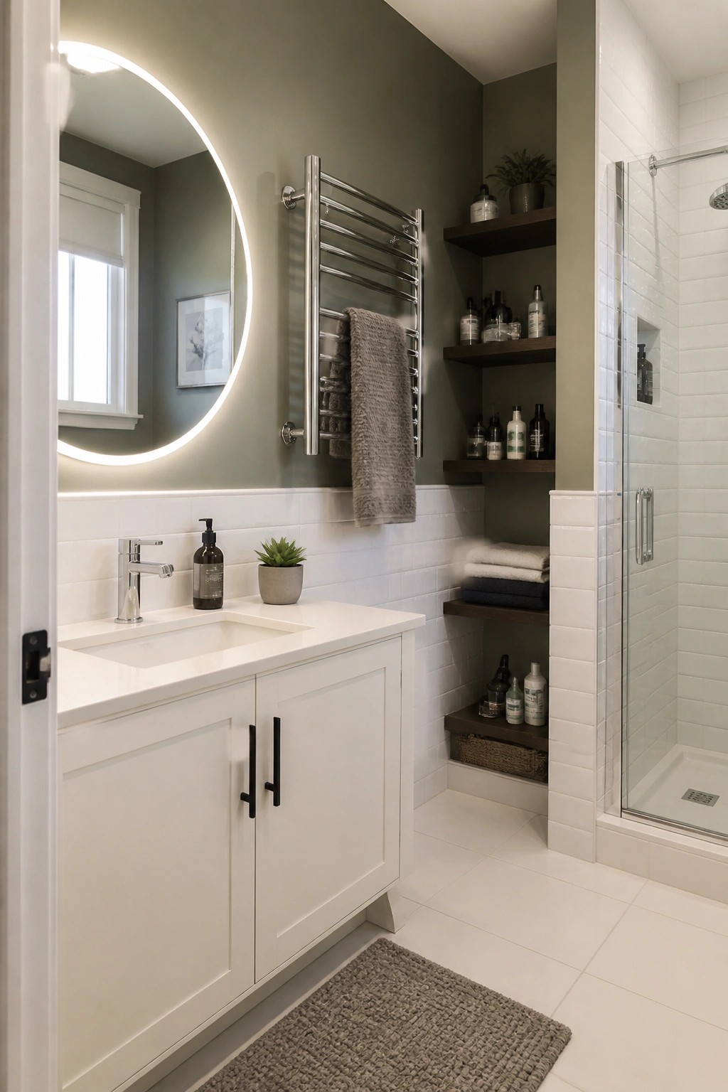 Modern bathroom with white vanity, round LED mirror, chrome towel warmer, and wooden shelves.