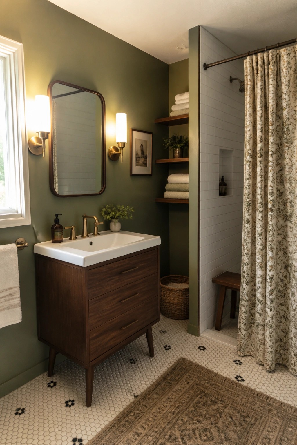 Sage green bathroom with walnut vanity, brass fixtures, and floral shower curtain.