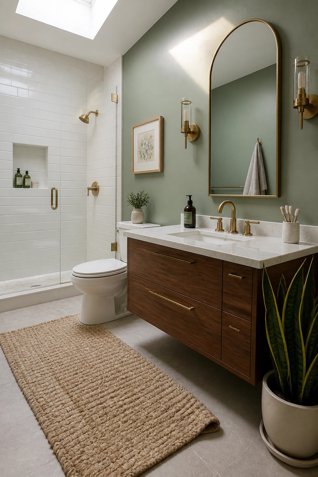 A bathroom with muted sage green walls and white tiled shower.
