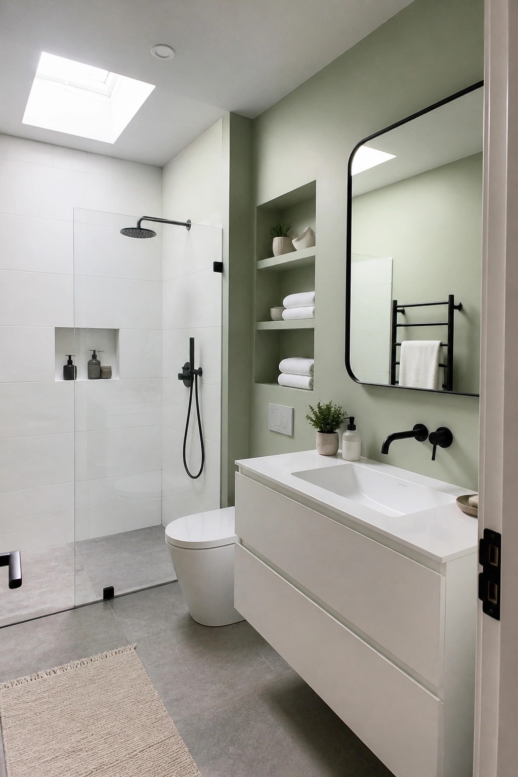 Bathroom with pale green walls paired with white tile and a floating white vanity.